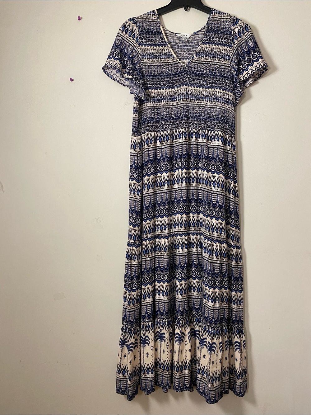 Tribal Boho V-Neck Maxi Dress in Navy and Cream